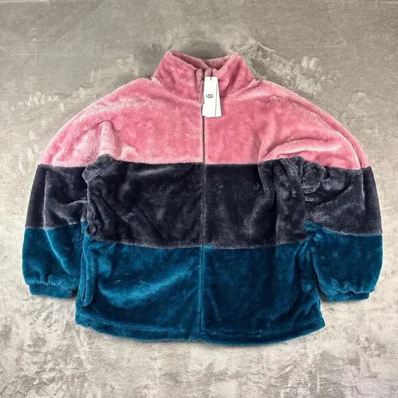 Deadstock NWT Uggs Elaina Colorblock Pink/Blue Faux-fur Jacket Size Medium - Picture 3 of 7